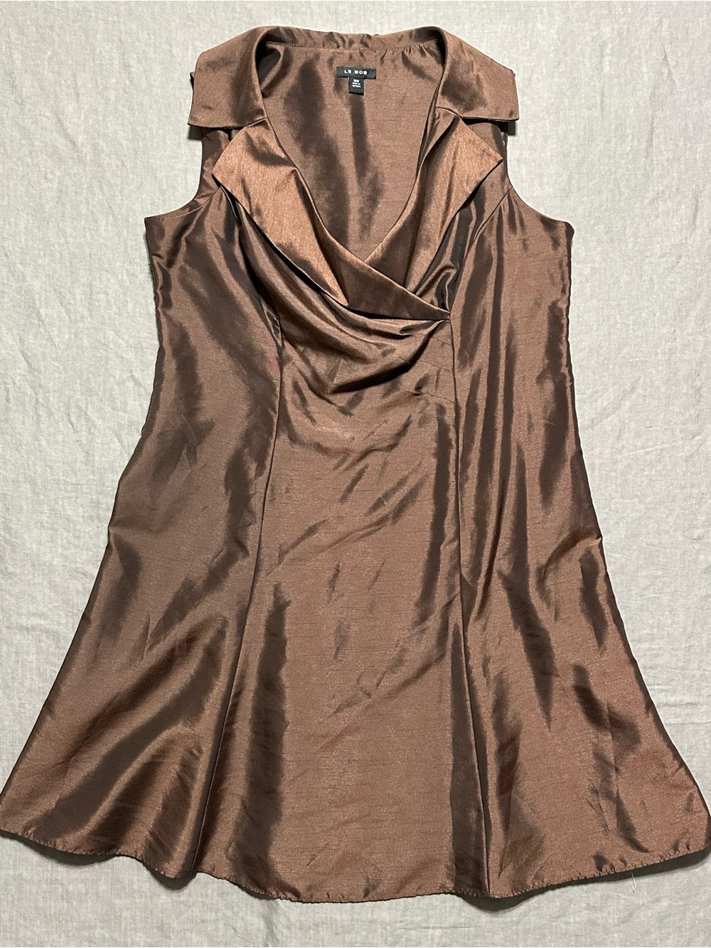 Le Bos Brown Satin Draped Cowl Neck Dress